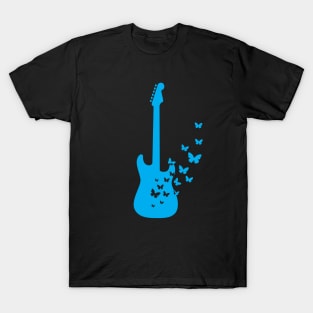 S-Style Electric Guitar Silhouette Turning Into Butterflies Blue T-Shirt